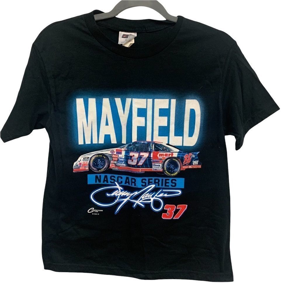 Vintage 90’s NASCAR Mayfield 37 Black T-Shirt Size 12/14 kids Women’s S/M